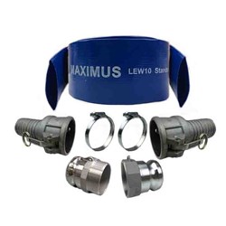 BLUE LAYFLAT HOSE - Aluminium Camlock parts C both ends with A & F, Worm Drive clamps