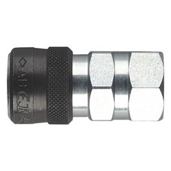 CEJN Series 116 hydraulic quick disconnect couplings for ultra high working pressure of 21750 psi (150 Mpa) in standard non-drip design, bodies are hardened steel with Zinc plated finish threaded BSPP female, NBR seals for temperature range of -30 to 100 degree C and flow rate of 6.0 LPM. Ideal for Rescue tools, torque tools, hydraulic bolt tensioners and bearing pullers